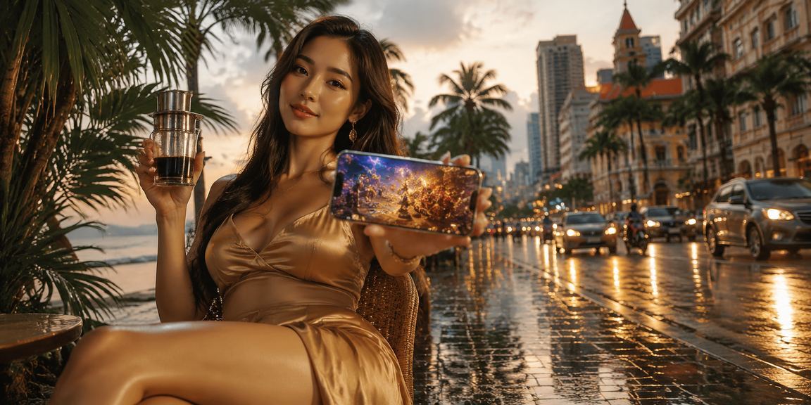 Người dùng tại TP. Hồ Chí Minh thưởng thức cà phê và tra cứu thông tin tài khoản VIP trực tuyến